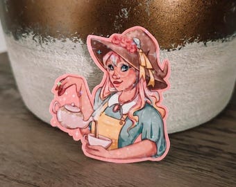 Spring Pastel Tea Witch Sticker | Pink Cute Witch | Holographic Star Vinyl | Fantasy Magic Kindle iPad Sticker | Floral Teapot Cottage Core