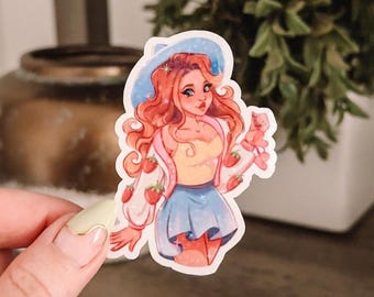 Spring Strawberry Witch Sticker | Cute Cottage Core Art | Holographic Star Vinyl Sticker | Fantasy Bookish Fruit Kindle iPad Sticker