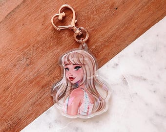 Lover Taylor Acrylic Keychain | Broken Glass Holographic Overlay | Pink Keychain | Rose Gold Heart Clasp | Sparkly Singer Keychain