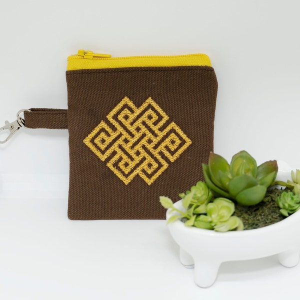 Embroidery Tibetan Buddhist Endless Knot/ Eternal Knot Buddhist Symbol Zipper Mala Pouch/ Key Chain Pouch/ Card,Key, Coin Holder/ Minimalist