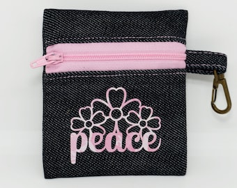 Buddhistische Pink Peace Floral Design Denim-Reißverschluss-Mini-Tasche / Schlüsselanhänger-Beutel / Karten- und Schlüsselhalter / Münzbeutel / buddhistische Mala-Tasche / Minimalist