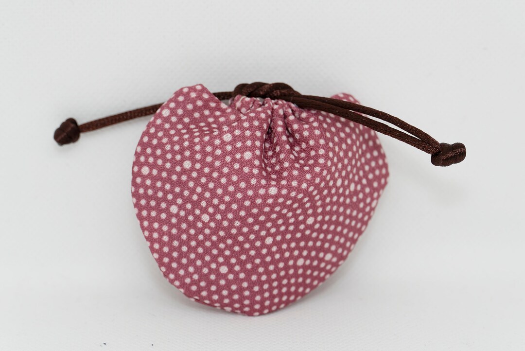 Cute Japanese Fabric Polka Dot Rusty Red and Walnut Color Mushroom Style Mini Drawstring Pouch