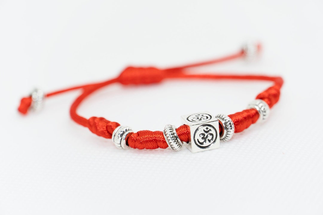 Red Lucky Bracelet With Vintage Square Cube Tibetan Seed Syllable OM