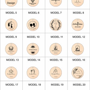 May include: Twenty different designs for wooden wedding favor tags. The tags are round and feature various illustrations and text, including hearts, flowers, and wedding dates.