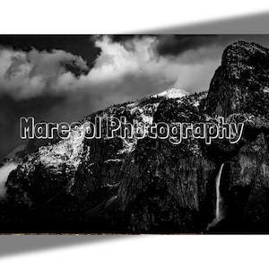 Yosemite- Bridal Falls in Winter Black and White