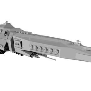 May include: A grey model of a futuristic spaceship, featuring detailed turrets, a long hull, and various structural elements. The model is set against a white background, emphasising its design and form.