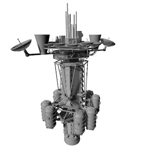May include: A gray, three-dimensional model of a communications tower. The tower features multiple satellite dishes, cylindrical tanks, and various structural components. The design is complex and detailed, with a focus on functionality.
