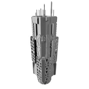 Può includere: Modello grigio dall'aspetto futuristico di un edificio o struttura alta. Il design presenta più livelli, motivi geometrici e quelli che sembrano essere antenne o guglie in cima. L'estetica generale è industriale e architettonica.