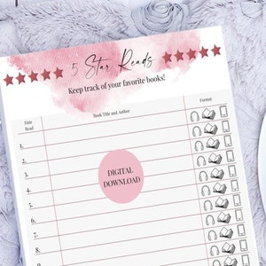 5 Star Reads, Book Log, Book Lover, Printable Tracker, Book Club Planner, Reading Checklist, Romance Reader / Writer / Author Gift
