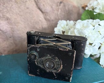 Vintage opvouwbare balg filmcamera, fotografie display prop, rustiek fotografiedecor, industrieel displaystuk, verzamelcadeau