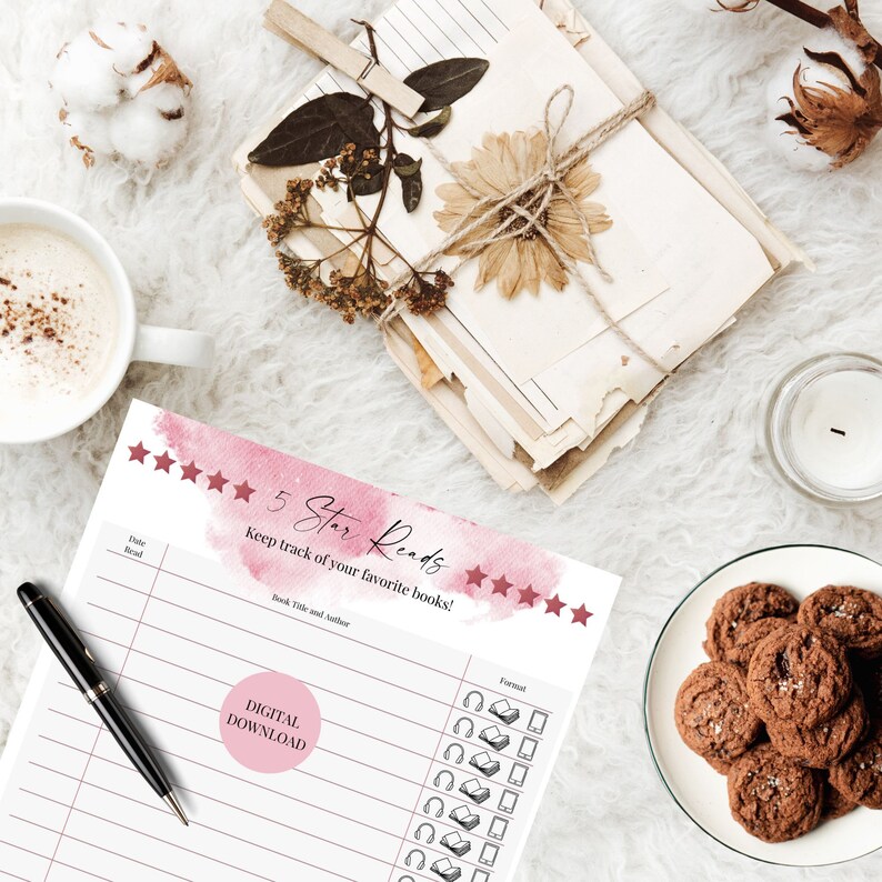 5 Star Reads, Book Log, Book Lover, Printable Tracker, Book Club Planner, Reading Checklist, Romance Reader / Writer / Author Gift