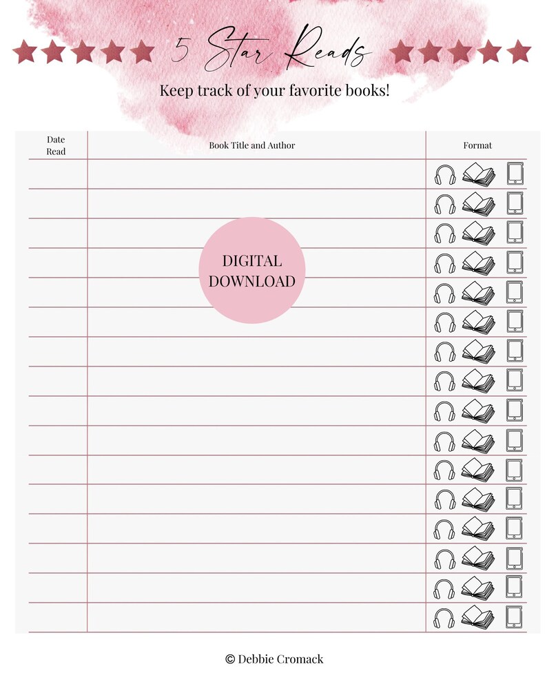 5 Star Reads, Book Log, Book Lover, Printable Tracker, Book Club Planner, Reading Checklist, Romance Reader / Writer / Author Gift