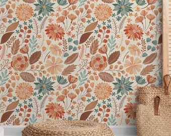 Warm Floral Botanical Wallpaper Peel and Stick or Traditional Wall Decor