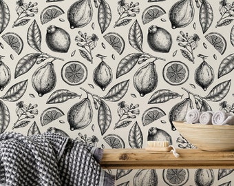 Custom Vintage Lemon Botanical Peel and Stick or Traditional Wallpaper