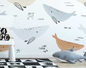 Whales Wallpaper, Peel and Stick Removable Repositionable, Traditional or Prepasted Wallpaper Mural — Aspen Walls #198