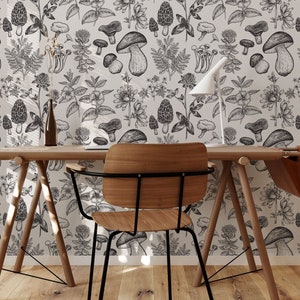 Black Mushroom Garden Wallpaper, Peel and Stick Removable Repositionable, Traditional or Prepasted Wallpaper Mural — Aspen Walls #120