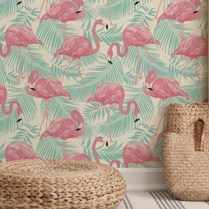 Tropical Flamingos Wallpaper, Peel and Stick Wallpaper, Removable, Traditional or Prepasted Wallpaper Mural — Aspen Walls  #221