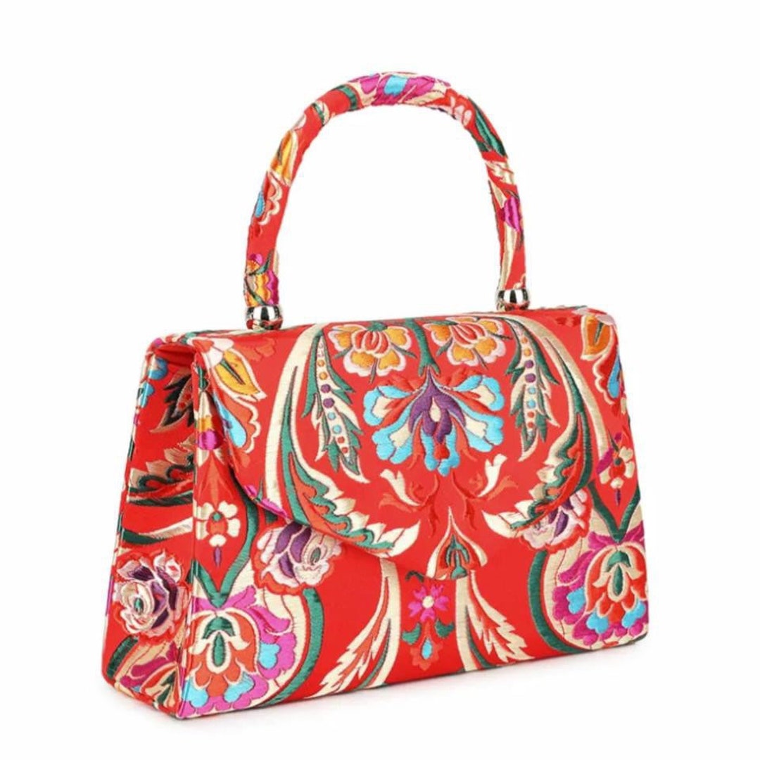 Bright Red Top Handle Bag Ladies Satin Floral Evening Bag Etsy