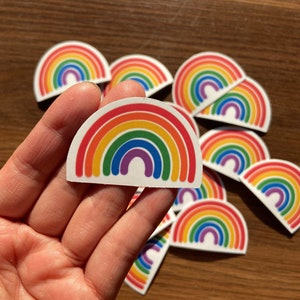 Può includere: Un adesivo a forma di arcobaleno con sfondo bianco. L'adesivo ha la forma di un arcobaleno con un arcobaleno più piccolo all'interno. L'adesivo è tenuto in una mano.