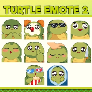 Op de afbeelding: Een set van negen digitale schildpad-emojis met verschillende uitdrukkingen, waaronder een clown, een zonnebril en een slapende schildpad. De emojis zijn in een rasterformaat gerangschikt en hebben een witte achtergrond. De tekst "TURTLE EMOTE 2" staat bovenaan de afbeelding. De tekst "CALLISSEART" staat aan de rechterkant van de afbeelding.