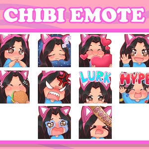 10 Twitch Emotes - Cute Chibi Emotes - Discord Emotes - Girl black hair