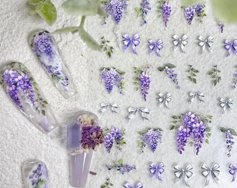 Wisteria Nail Stickers, Purple Flower Decals, Floral Nail Design,Spring Flower Self Adhesive Nail Art