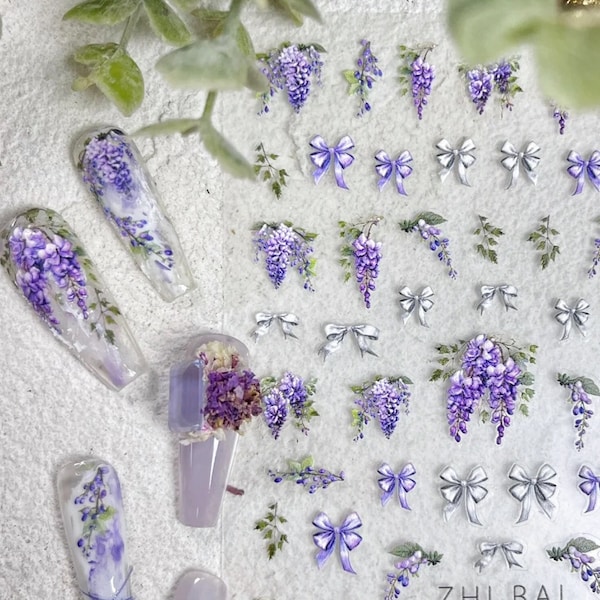 Wisteria Nail Stickers, Purple Flower Decals, Floral Nail Design,Spring Flower Self Adhesive Nail Art