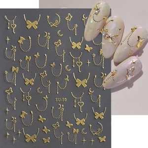 Gold Butterfly Nail Stickers, Silver Nail Decal, Bowknot Chain Nail Art Design, Self Adhesive Nail, DIY Nails