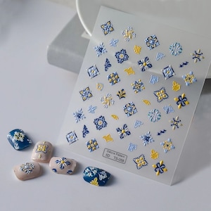 Sticker style bohème jaune bleu, sticker Buccilati 3D, stickers nail art glamour, stickers vintage d'inspiration italienne