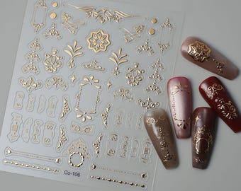Pegatinas de uñas barrocas doradas, calcomanías vintage metálicas, diseño de uñas rococó DIY, diseños de manicura real de lujo 106