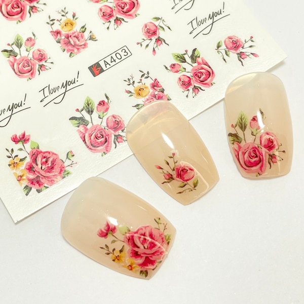 Pink Flowers Transfers Sticker, Vintage Floral Water Slider Decals, Rose Stickers for Nail Art