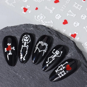 White Skeleton Nail Stickers, Halloween 3D Nail Art Decals, Spooky Skeleton Hand Designs, Red Heart DIY Manicure Decorations 239