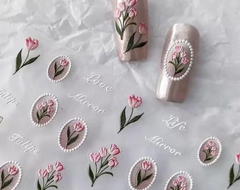 Adesivi 3D a forma di tulipano, decalcomanie per unghie floreali rosa, decorazioni per unghie floreali primaverili, nail art autoadesiva, manicure fai da te, fornitore di unghie