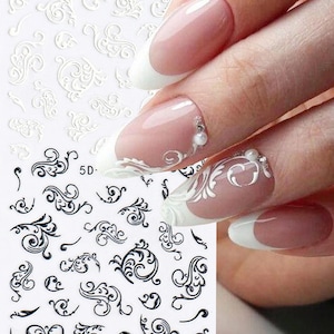 3D Lace Nail Stickers, Black White Flower Decals, Wedding Nail Design, Self Adhesive Nail Art Design