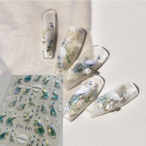 White Peacock Nail Stickers, White Peafowl Decals, Cute Hologram Nail Design, Self Adhesive Nail Art