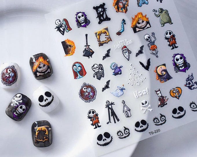Spooky Halloween Nail Stickers, Nightmare Inspired Designs, Ghosts Skeletons Bats Nail Decal, Halloween Nail Art, DIY Nails 220