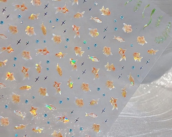 Holographic Goldfish Nail Stickers,  Aquarium Seaweed Decals, Ocean Theme DIY Nail Art Design 5079