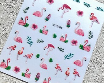 Cute Flamingo Nail Stickers, Tropical Watercolor Flamingo Decal, Floral Nail Design, DIY Nail Art, Flower Nail Decoration