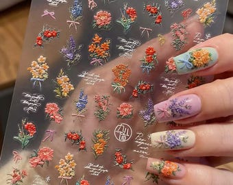 3D Flower Bouquet Nail Art Stickers, Spring Floral Nail Decals, Rose Daisy Design 4513