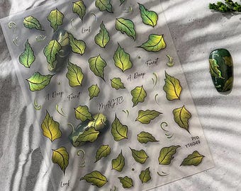 Gold Green Leaf Nail Stickers, Metallic Nail Decals, Shiny Forest Nails, Holographic Flower, DIY Nail Art, Trendy Nail Supplies 6049