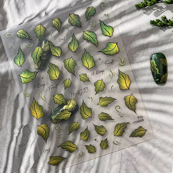 Gold Green Leaf Nail Stickers, Metallic Nail Decals, Shiny Forest Nails, Holographic Flower, DIY Nail Art, Trendy Nail Supplies 6049
