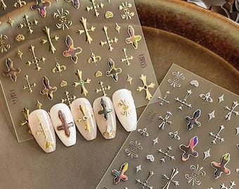 Pegatinas de uñas con cruces góticas, calcomanías punk metalizadas doradas y plateadas, diseño de uñas DIY con cruces holográficas 3D, suministros de manicura rock punk