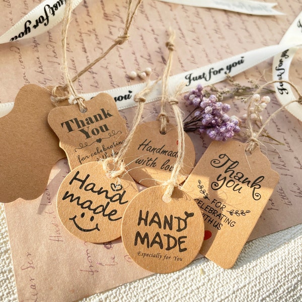 20 Pcs Handmade/Thank You Personalised Tags, for Craft Gifts Packaging Tie on Labels Sewing Knitting Tags