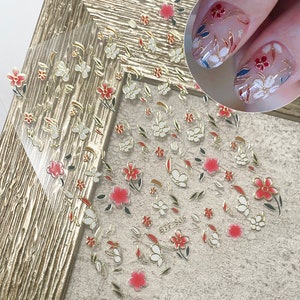 Red Flower Gold Framed Stickers for Nail Art, Gold Nail Decal ,White Flower Self Adhesive sticker,DIY Nail Design