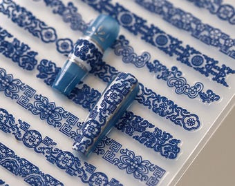 Naklejki na paznokcie z wytłoczonymi koronkami, niebieskie naklejki na paznokcie z kwiatami, niebiesko-biała porcelana, samoprzylepne zdobienia paznokci 3617