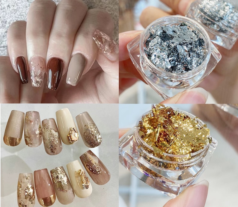 May include: Close-up of two sets of fingernails with different nail art designs. One set features gold and silver glitter nail polish with small, clear rhinestones. The other set features a variety of colors and designs, including a nude base with gold glitter, a white base with gold glitter, and a black base with gold glitter.