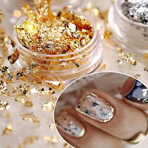 Gold Foil nail decals, gold flakes nail decoration, nail art design