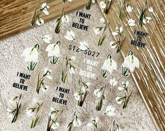 Lily of the Valley Decals, White Floral Nail Art, 3D Nail Sticker Green leaves Self-Adhesive, Spring Floral 5D27