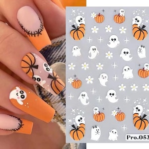 Pumpkin Nail Stickers, Cute White Ghost Self-Adhesive Nail Decals, Halloween Nail Art Design, DIY Nails 053