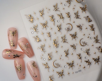Gold Fairy Nail Stickers, 3D Embossed Celestial Decals, Moon Star Nail Art, Fantasy Manicure Stickers for DIY Nail Design 192